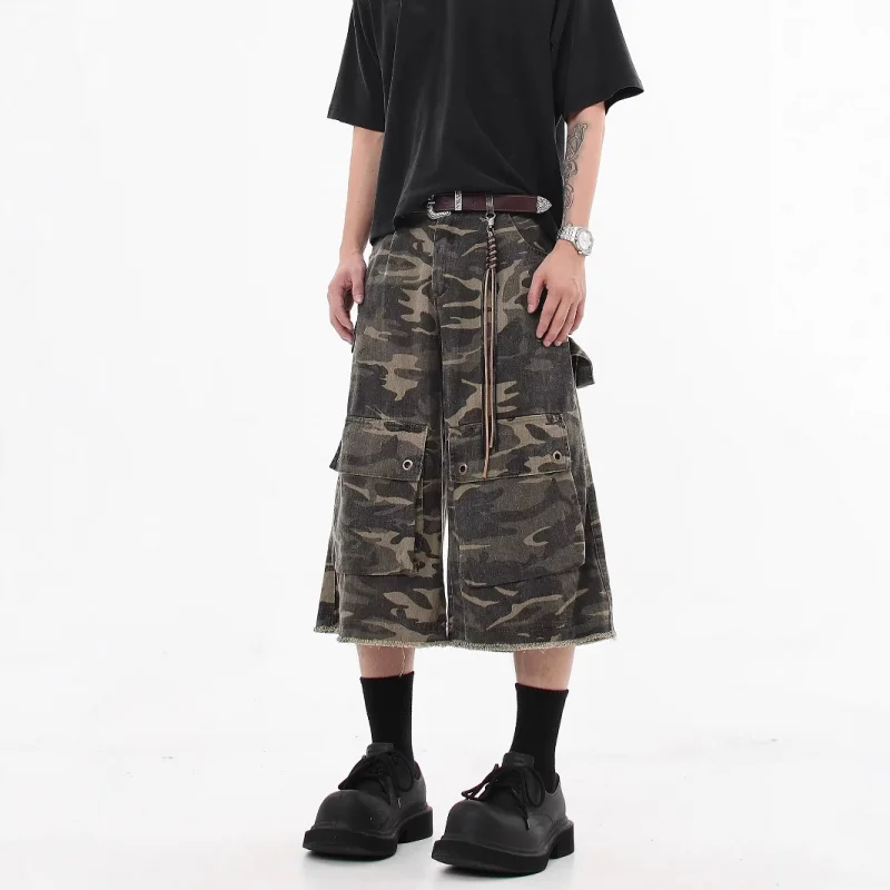 Celana Jeans Tujuh Saku Model Vintage Distressed Camouflage untuk Pria, Musim Panas, Model Longgar, Celana Cargo Multi-Kantong