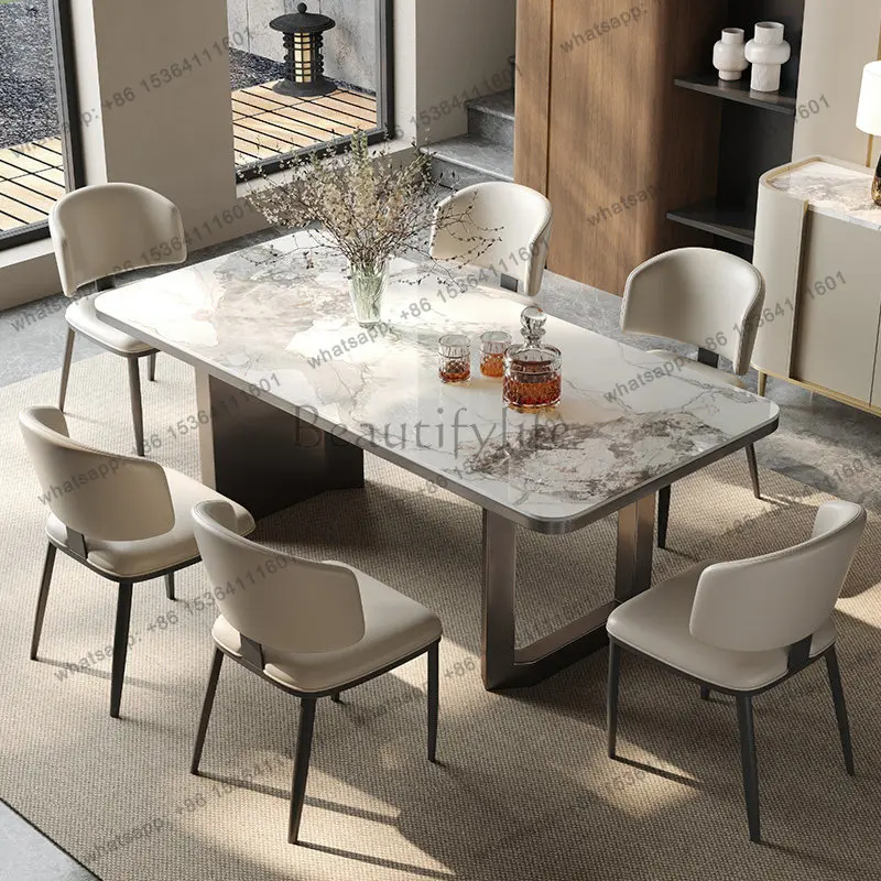 Stainless steel lower hanging table rock slab dining table Italian light luxury modern minimalist rectangle