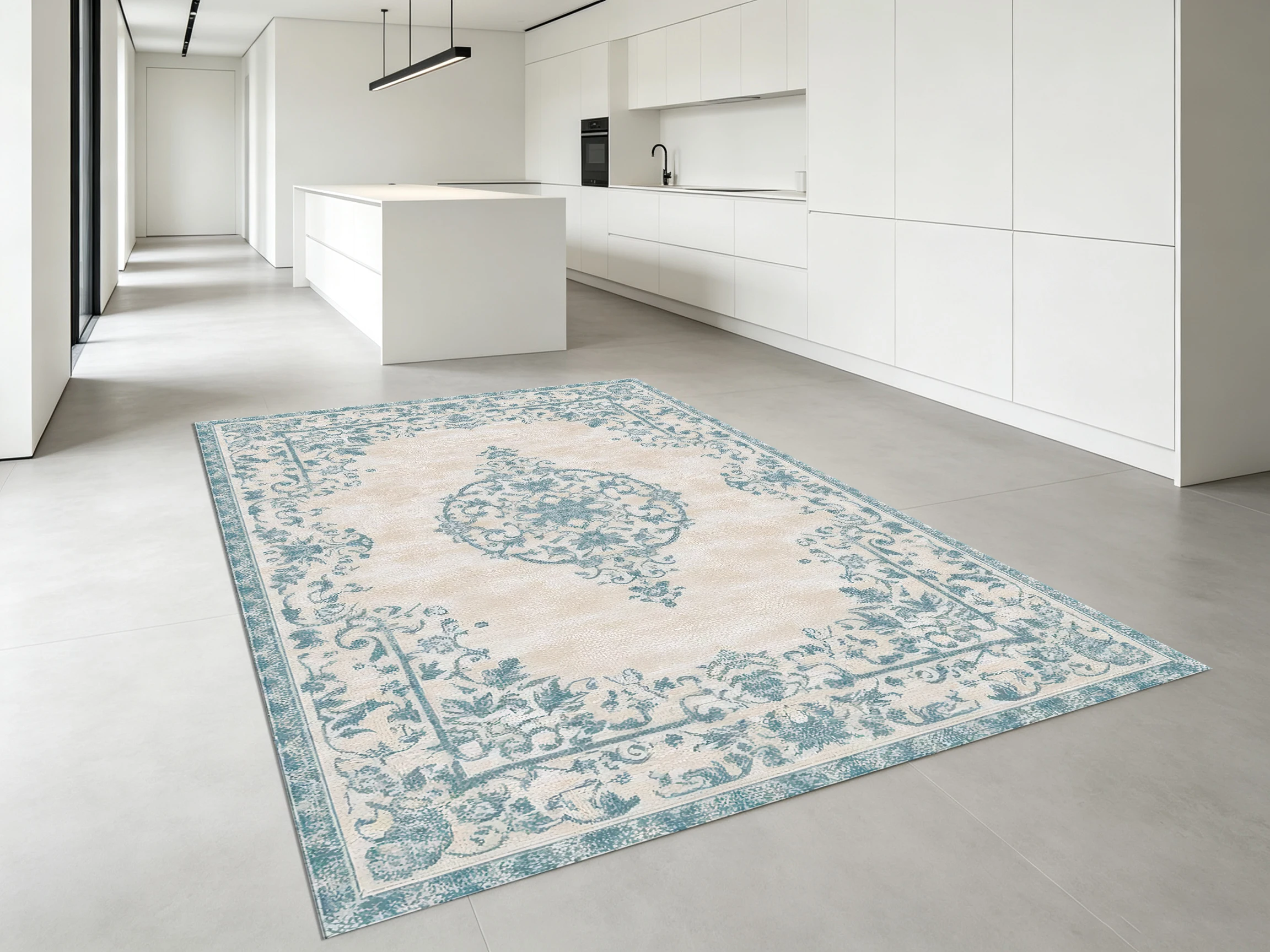 2D Velvet Rug, Blue-Grey, European Retro Floral Design, Soft & Comfortable, for Living Room & Bedroom