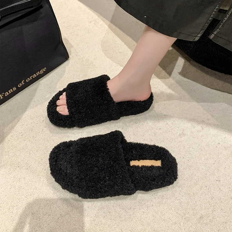 Purple Lambswool Slide Mules Woman Thick Sole Curly Teddy Fur Slippers Ladies Fashion Fluffy Plush Sandals Warm Home Shoe