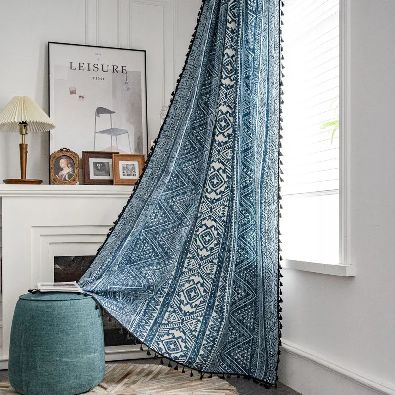 Boho Blue Geometry Cotton Linen Curtain Black Tassel Curtains for Living Room Bedroom American Style Vintage Drape Valance