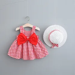 Girls' Dress Summer Sweet Sleeveless Plaid Printed Large Bow Cotton Dress 2 Psc Suitable For Children Aged 0-3