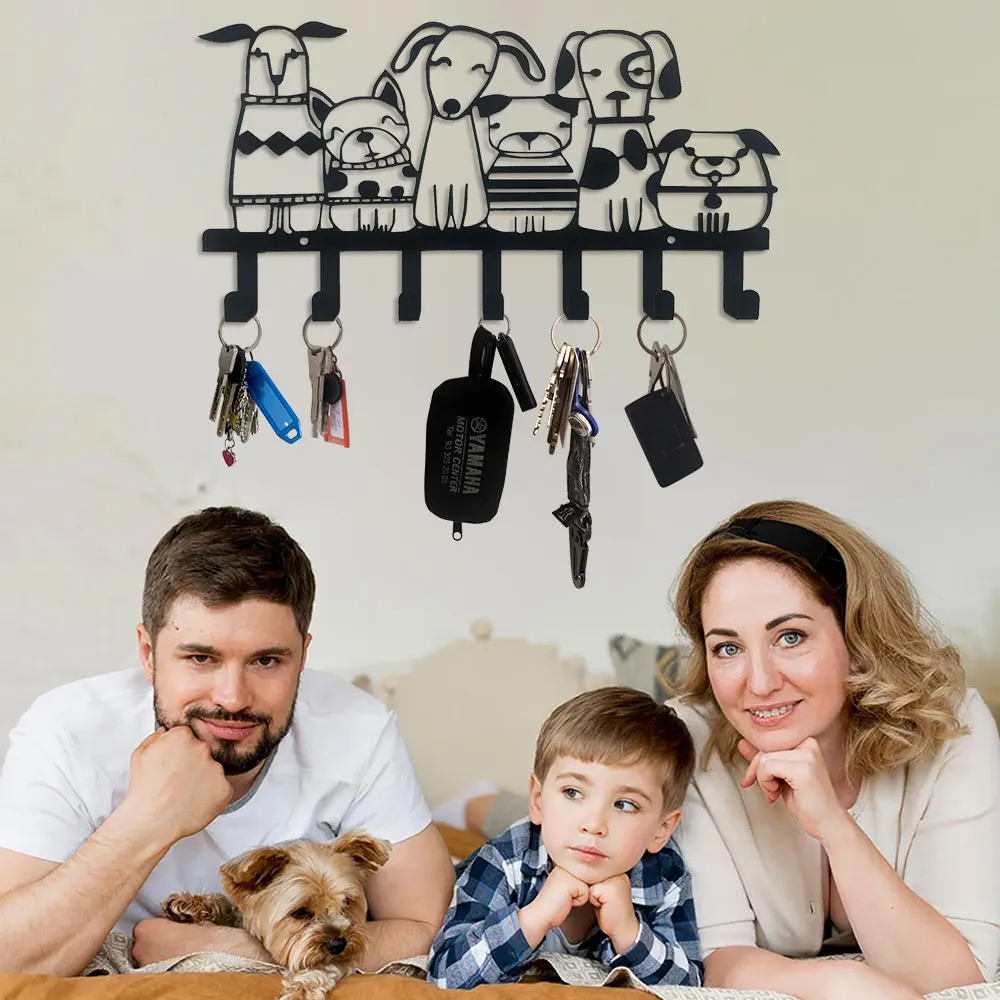 2D Vintage Decorative Dog Themed Metal Iron Wall Mount Key Holder with 7 Hooks Wall Key Rack Organizer Perfect for Car Keys