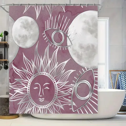 Juego de cortinas de ducha de sol y luna: estampado moderno de acuarela para decoración de baño, patrón de ráfaga de sol rosa con diseño de ojos, hecho