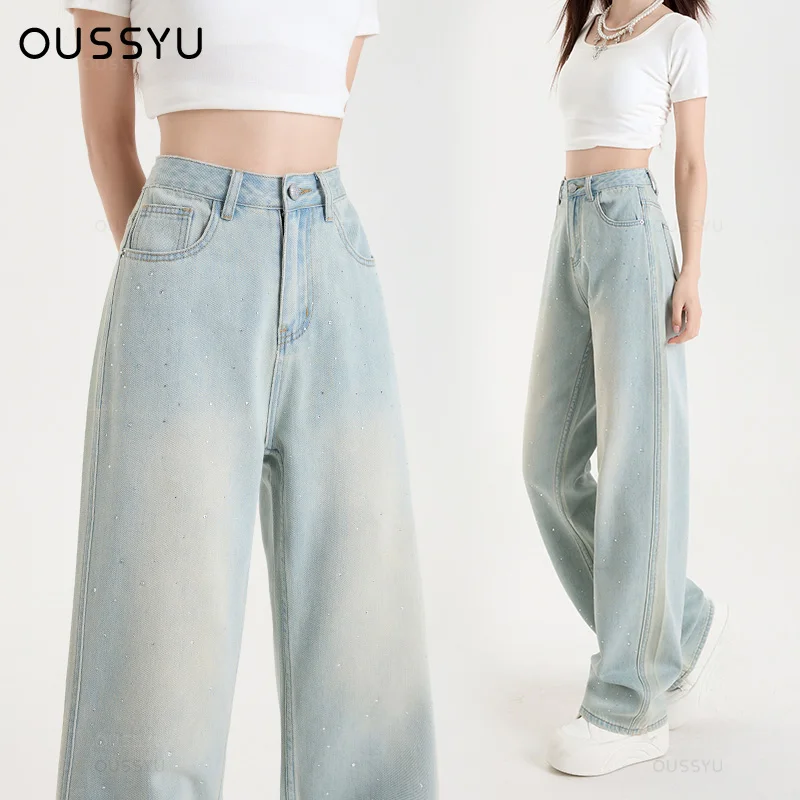 Woman Jeans High Waist Wide Leg Cotton Denim Clothing Diamond Design Sense Straight Pants Comfort Casual Trousers Plus Length
