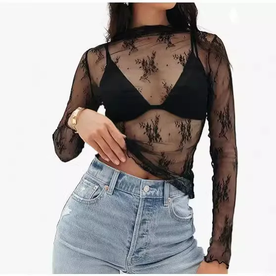 Women Mesh Bottoming Shirt See through O Neck Long Sleeve Lady Blouse Slim Fit Sexy Clear Sun Gauze Tops