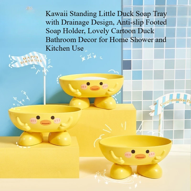 Cute Cartoon Yellow Duck Soap Dish with Raised Feet, Hollow Draining Soap Holder, Kawaii Duck Shape Bathroom Accessory for Shower Sink Kitchen Counter Soap Storage - Detail 1