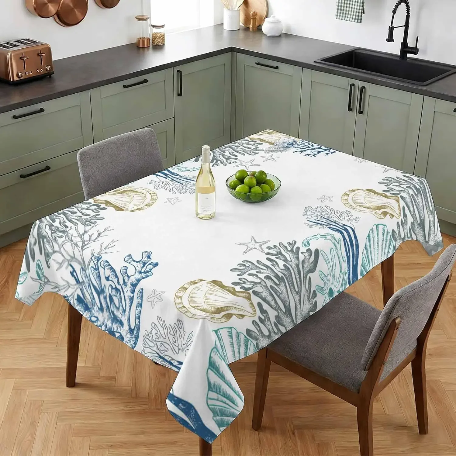 1Pc Marine Style Tablecloth Blue White Coral Shell Starfish Print Table Cover For Kitchen Dining Party Decor Dustproof Rectangu