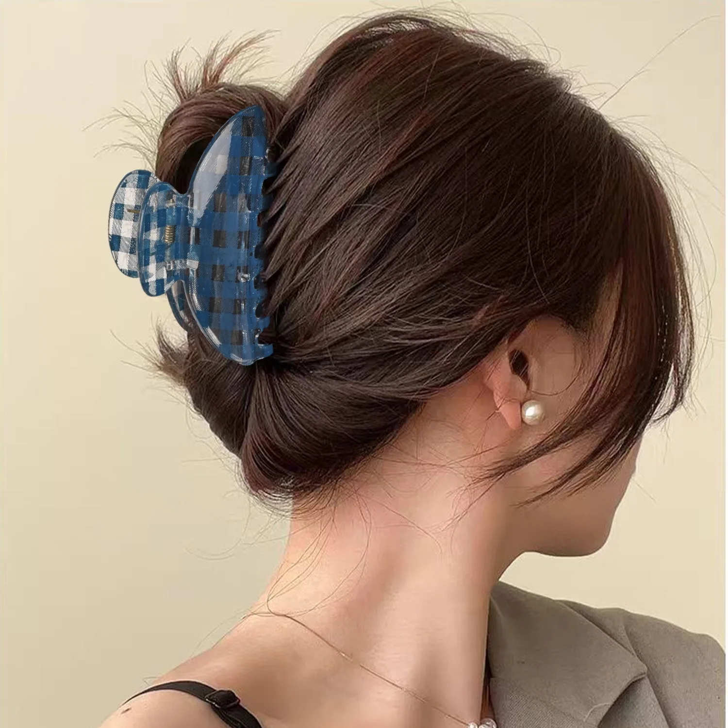 Blue Plaid Large Star Hollow Hairpin Ocean-Style Hair Claw Hair Accessory Suit for Women Casual Holiday Hair Clip Decoration