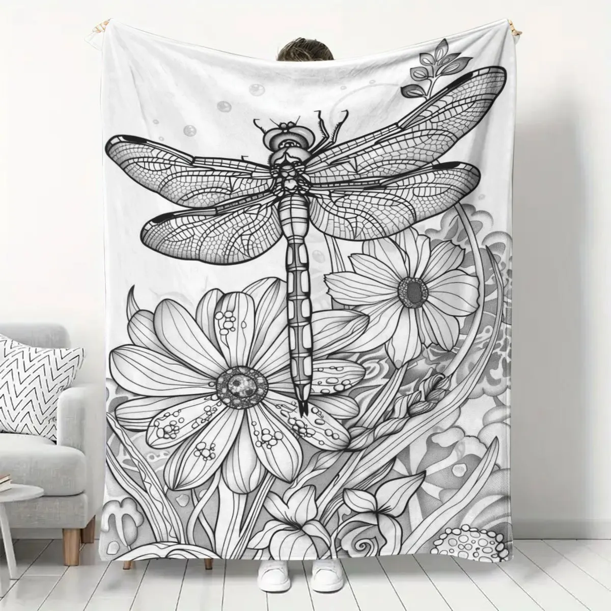 Dragonfly Floral DIY Coloring Throw Blanket, Hand Line Art, Multi-use Nap Blanket for Living Room Bedroom Office