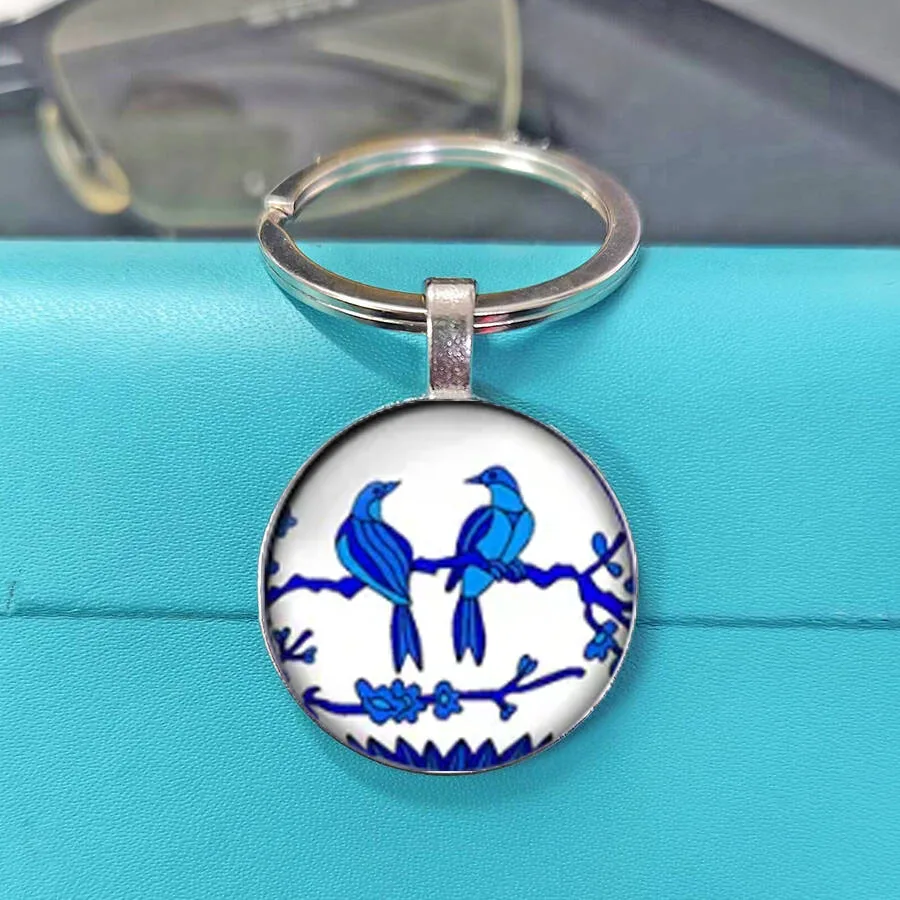 Retro Two Magpies Branch Floral Glass Keyring Traditional Chinese Happiness Symbol Porcelain Design Holiday Souvenir Present