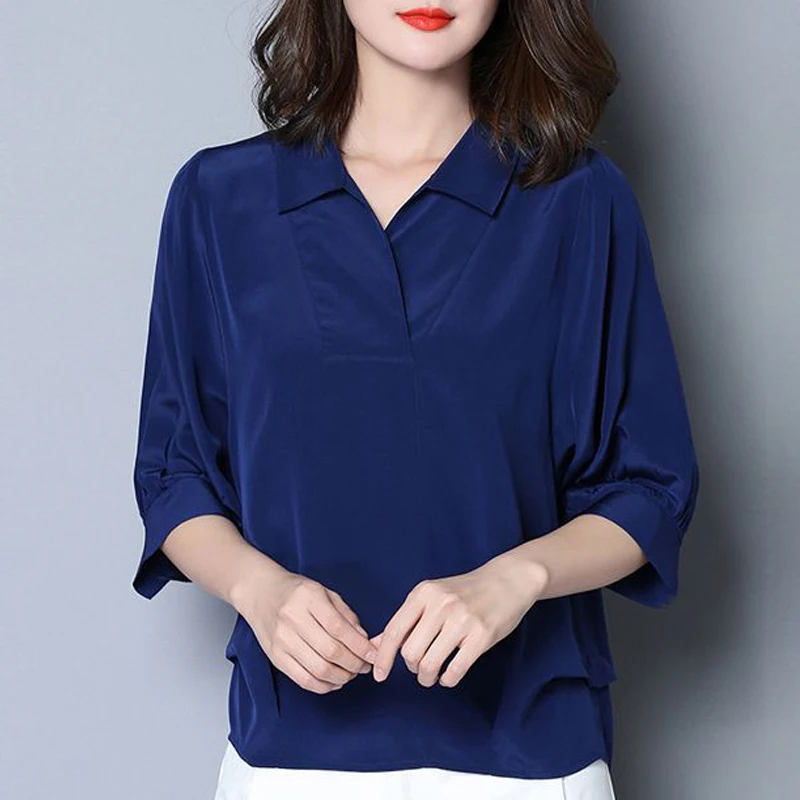 Women Silk Satin Simple Elegant Blouses Summer Korean Fashion V Neck Half Sleeve Casual Shirts Solid Loose Pullover Ladies Tops