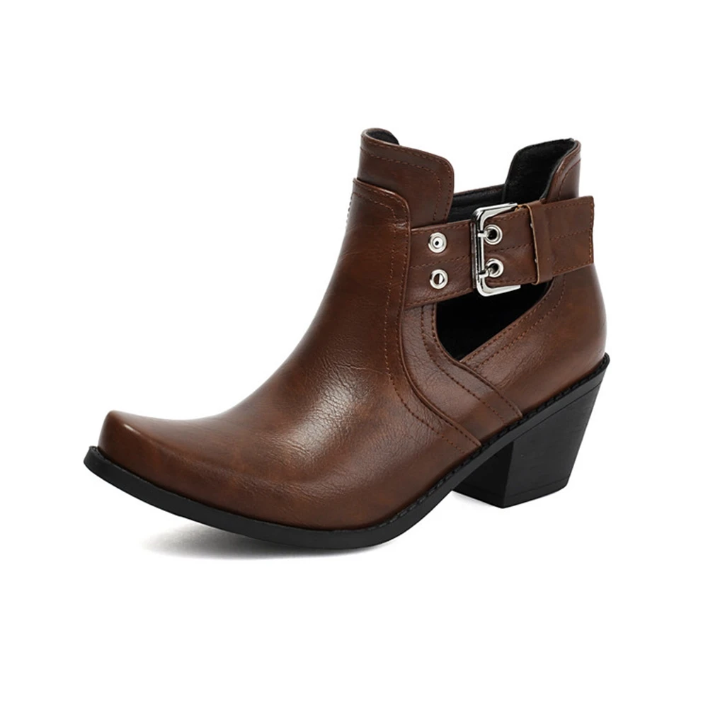 

Plus Size 34-46 Western Booties Cutout Ankle Boots Pointed Toe Chunky Heel Buckle Cowboy Boots 3 Colors Option 2610