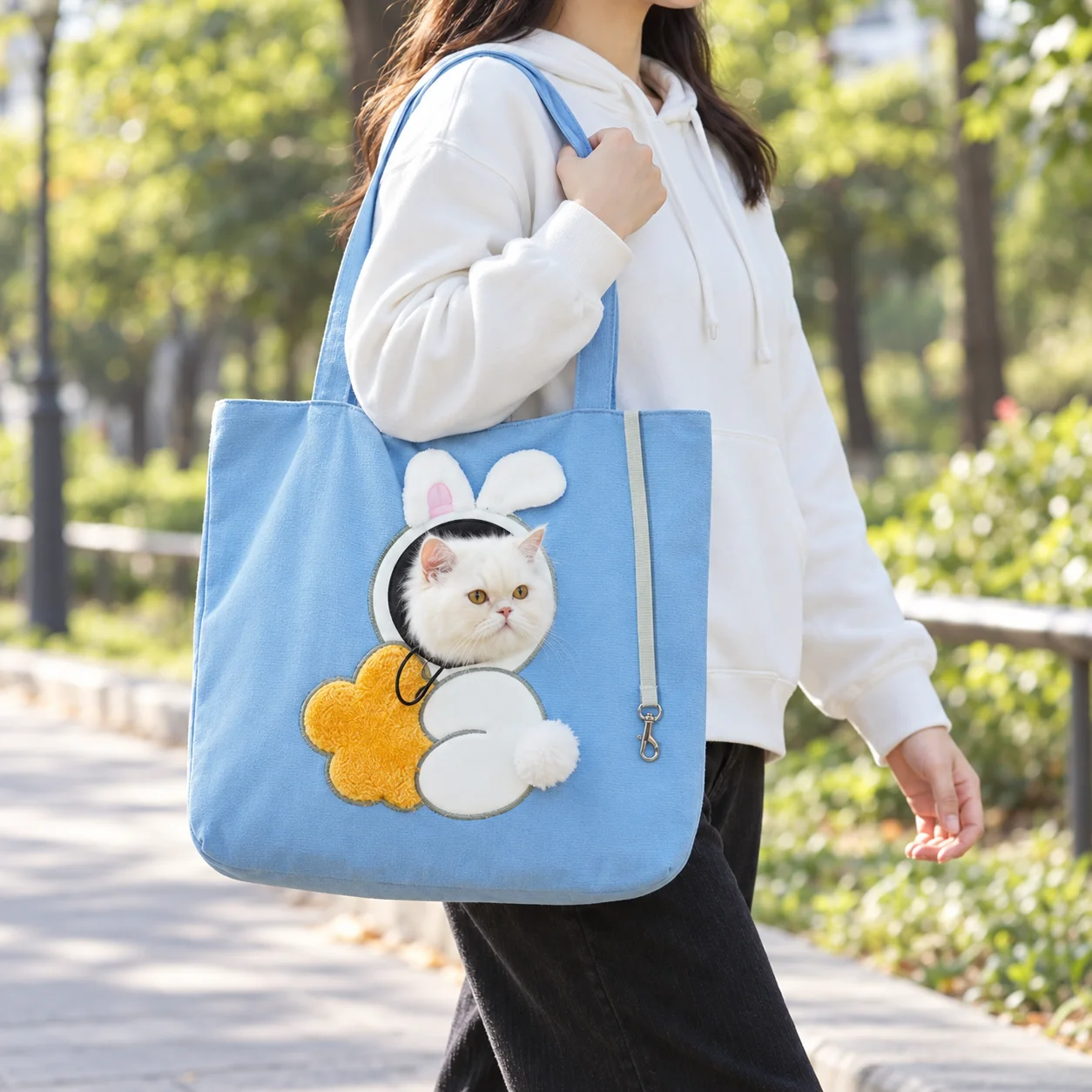 Pet Carrier Tote Bag for Cats Small Dogs, Cute Plush Head-Out Shoulder Bag with Safety Leash, Foldable Travel Handbag