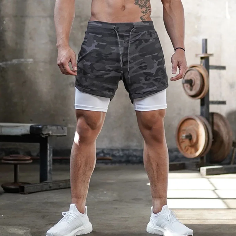 شورت جري مموه، شورت رياضي للصالة الرياضية للرجال 2 في 1، تدريب سريع الجفاف، شورت للركض واللياقة البدنية في الهواء الطلق #2