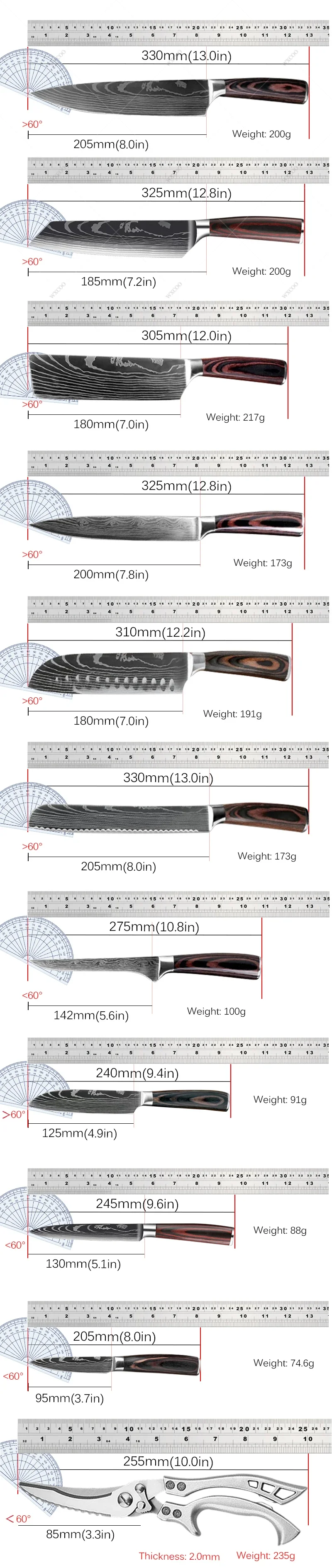 WXCOO Kitchen Scissors Japanese Chef Knife Set Stainless Steel Meat Fruit Bread Boning Knife Butcher Cleaver Fish Santoku Knives