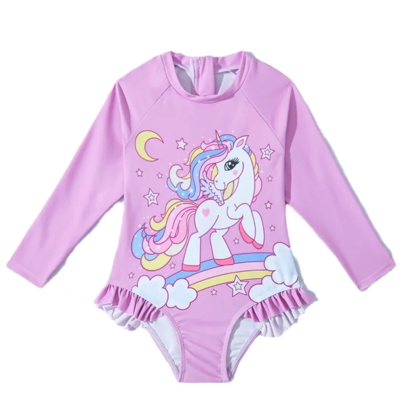 Baby Girl Swimwear Unicorn Mermaid Girls Carton Printed One-Piece Swimsuit Back Zipper Cute Beach Outwear Bathing Suits Swimming