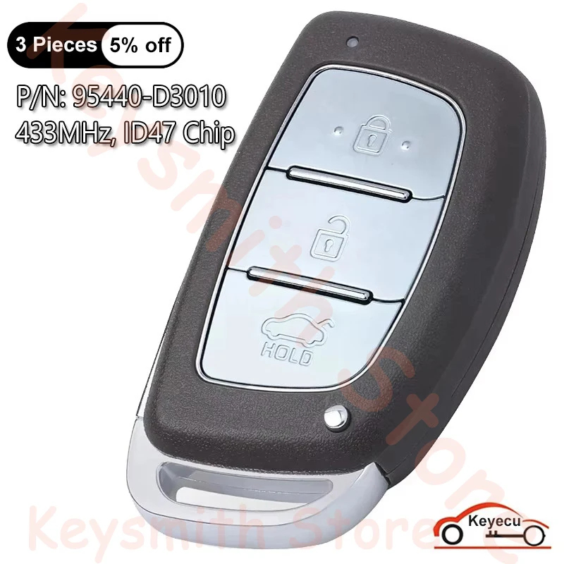

KEYECU 3 Buttons 433MHz ID47 Chip for Hyundai Tucson 2018 Auto Smart Remote Control Key Replacement Fob P/N: 95440-D3010