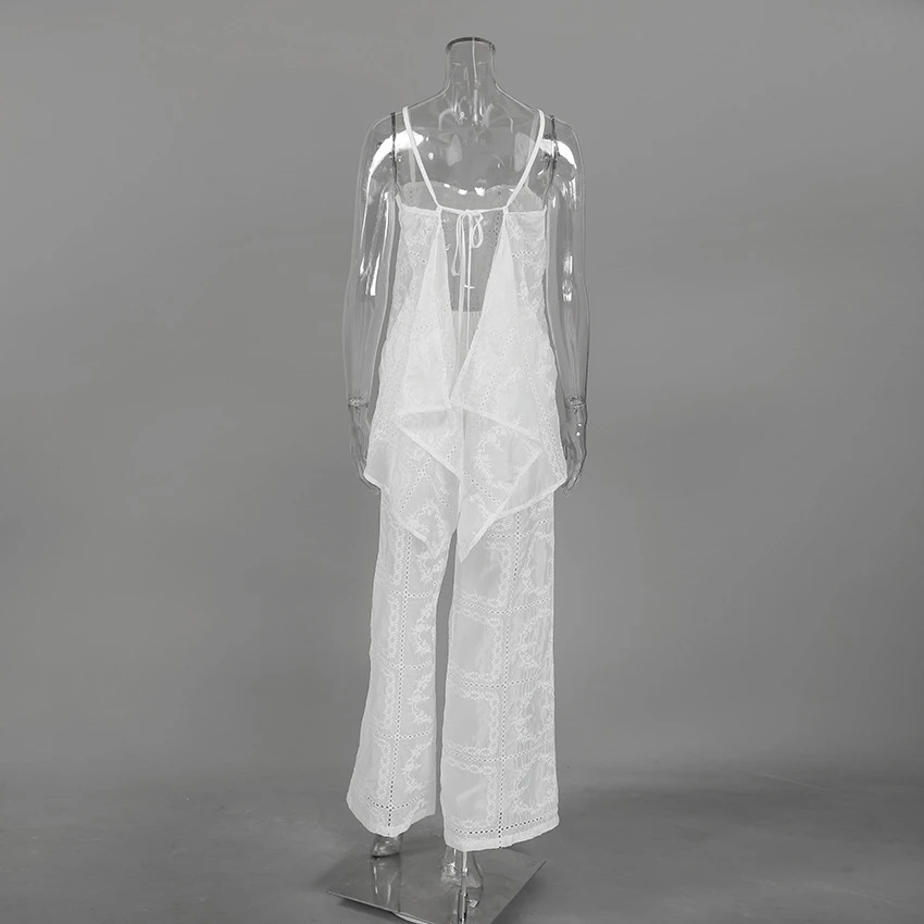 Designer White Jacquard 2 Piece Set Women Sexy Cami Top And Wide Leg Pants Elegant Matching Outfits Holiday Wear 2026 Summer