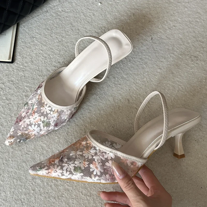 Women's Pointed Toe Floral Print Mesh Slingback Strap Kitten Heel Pumps, Romantic Sweet Daily Evening Footwear, Drop Shipping
