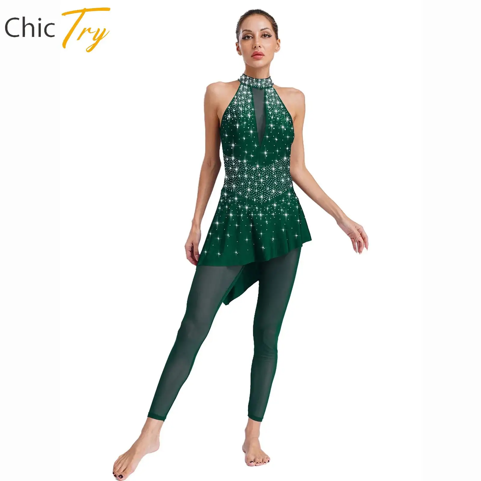 

Womens Rhinestones Rhythmic Gymnastics Skating Clothes Sleeveless Irregular Skirted Jumpsuit Ballet Lyrical Modern Dance Costume
