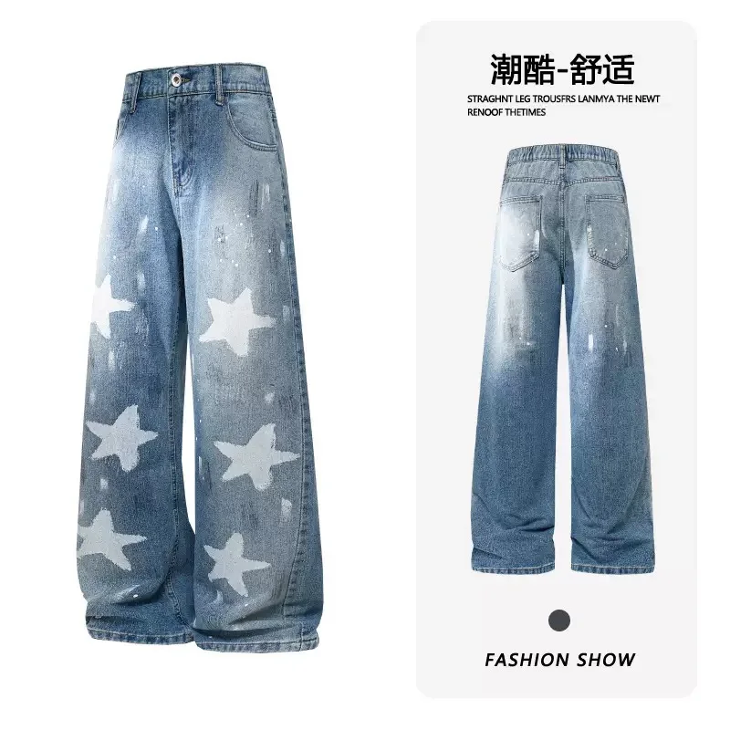 

Осенне-весенние новые модные трендовые американские винтажные прямые джинсы с принтом, мужские повседневные свободные спортивные джинсы больших размеров M-5XL