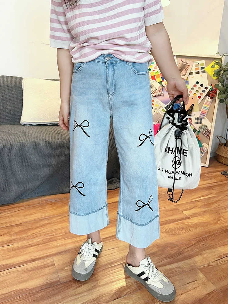 

Джинсы V-Flounce с широкими штанинами и прямым кроем, с высокой талией, летние, новые, больших размеров, женские, модные