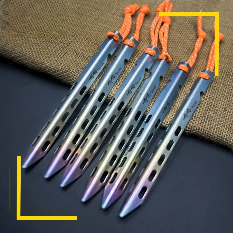 Outdoor Camping Windproof Colorful Titanium Tent Nails V-shaped Titanium Ground Nails 6 Pieces Mountaineering Accessories New