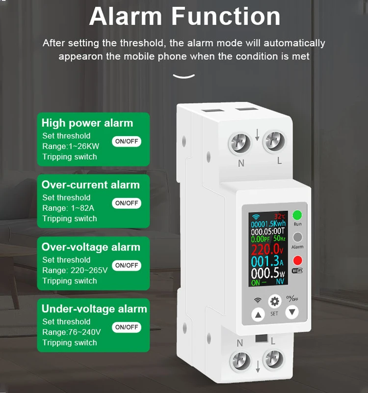 TUYA WIFI LCD Screen Smart Circuit Breaker Din Rail Over Under Voltage Protector Energy Meter Energy Monitoring Voice Control