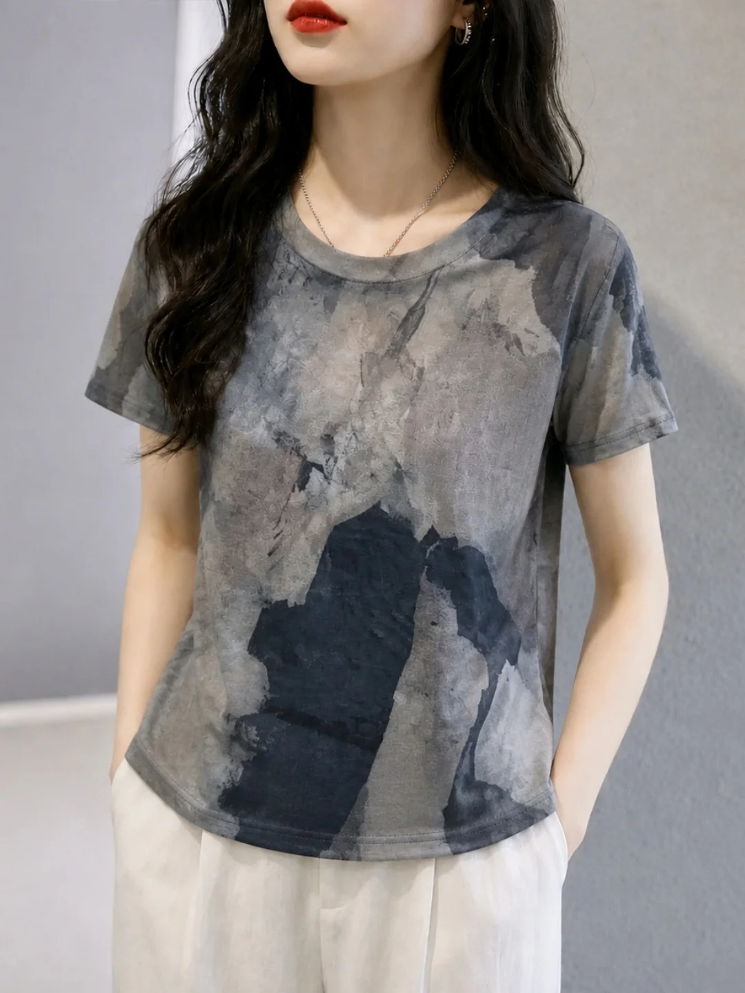 Retro Water Ink Print T-Shirt Women's Fashionable Short Sleeve Summer Top Korean Style Straight Cut Commute Wind Shirt