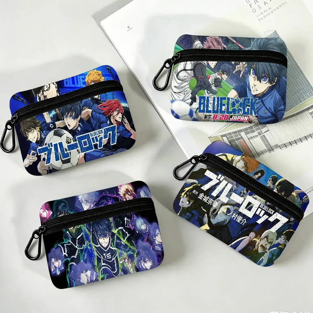 Football Anime B-Blue L-Lock Lightweight Oxford Fabric Coin Purse Carabiner Hook Design Mini Card Key Organizer Bag