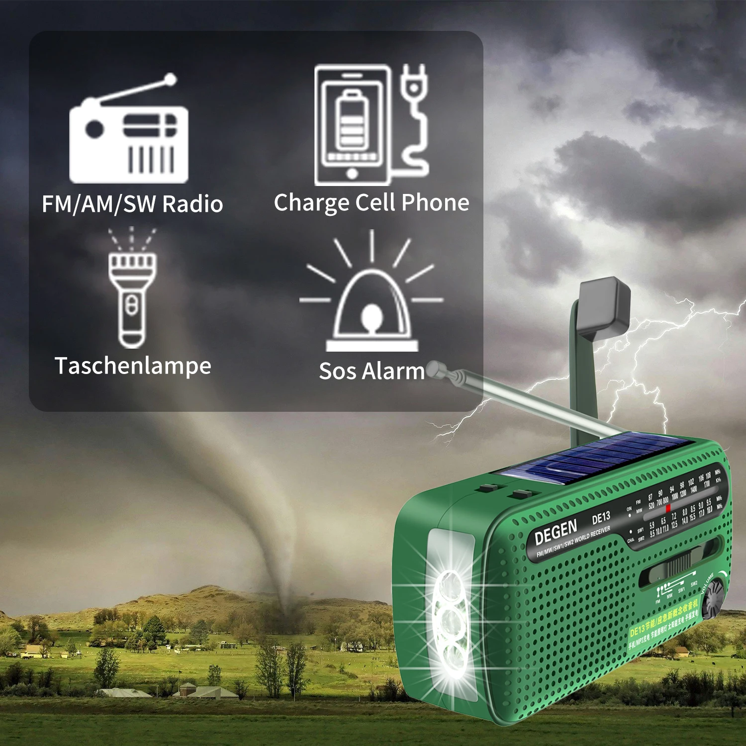 DEGEN DE13 Radio di emergenza portatile meteo FM AM SW ricevitore carica a manovella solare con torcia sveglia Power Bank