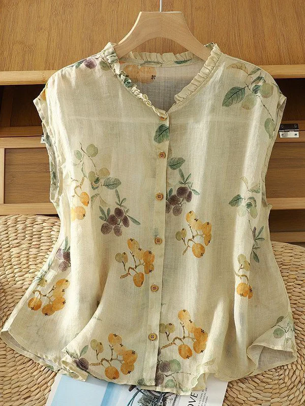 Elegant Large Size Retro Floral Print Sleeveless Shirt Thin Earlet Collar Summer New Style Lightweight Artistic Versatile Shirt