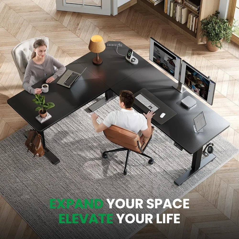 

Угловой стол-трансформер L-образной формы 63 x 55 дюймов с регулировкой высоты, зарядной станцией и функцией памяти положений для дома и офиса