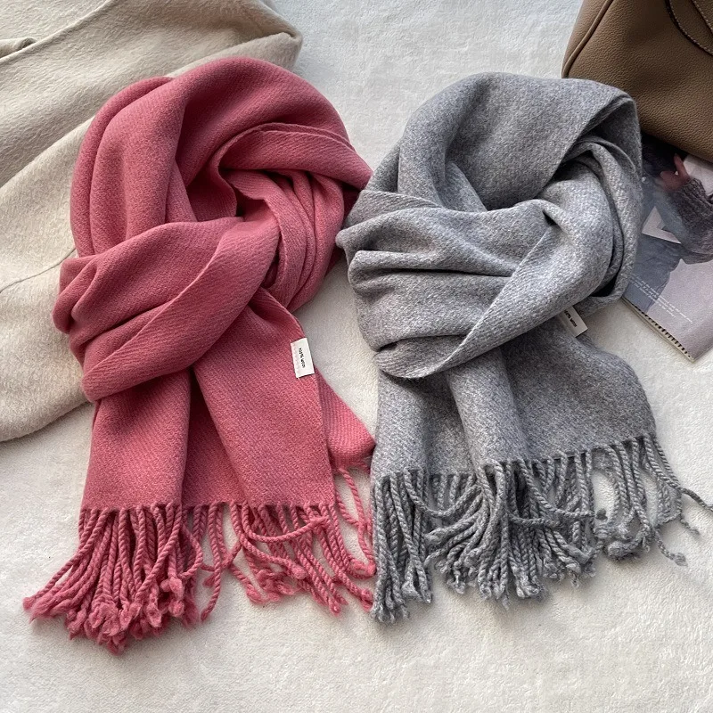 

100% Pure Wool Scarf Winter Soft Waxy Woven Cashmere Wrap Women's Thickened Warm Neck Protection Solid Color Long Scarf Gift