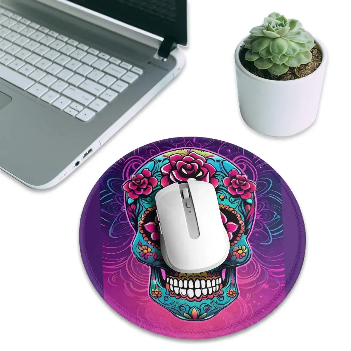 Mexican Sugar Skulls And Flowers Round Mouse Pad Computer Keyboard Mouse Mat Gamer Laptop Desk Mat Office Accessories Table Mats