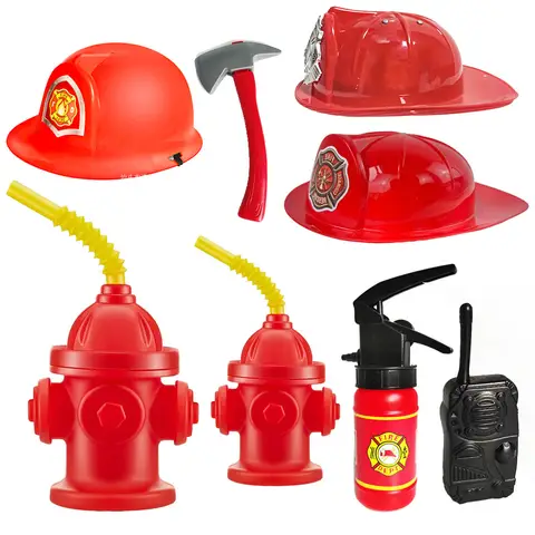 Fireman Birthday Party Supplies Firefighter Helmet Fire Hydrant Straws Cups with Lids Extinguisher Squirt Toys Fire Favors