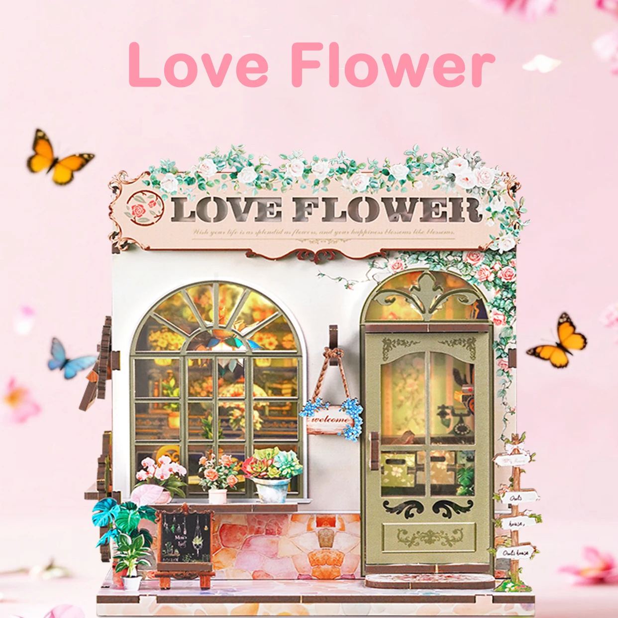 DIY Love Flower Casa Kit de modelo en miniatura de madera rompecabezas 3D casas de muñecas con muebles Casa de muñecas para amigos regalos de cumpleaños