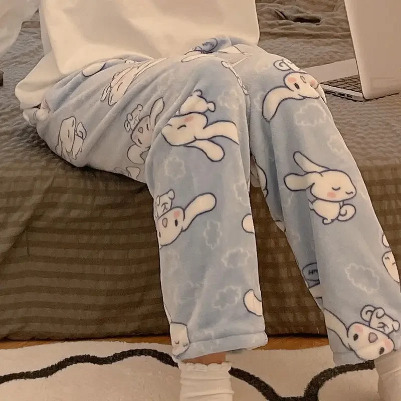 Sanrio Cinnamoroll Flannel Pajamas for Women Autumn and Winter Home Plush Pajamas Kawaii Warm Thickened Soft Furry Coral Velvet