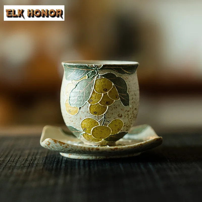 90ML Pile Carving Loguat Blue And White Flint Red Teacup With Coaster Tea Bowl Beautiful Cup Tea-tasting Meditation Cup Jianzhan