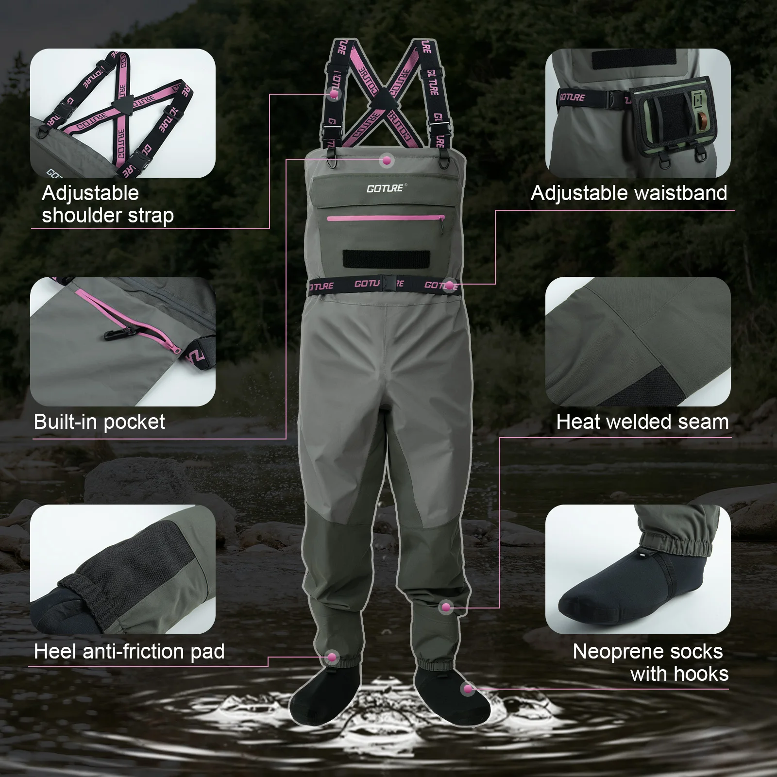 Goture - Vadeadores de Pesca Transpirables e Impermeables de 5 Capas para Mujer, Vadeadores de Neopreno con Calcetín Integrado y Calentador de Manos, Cinturón Ajustable