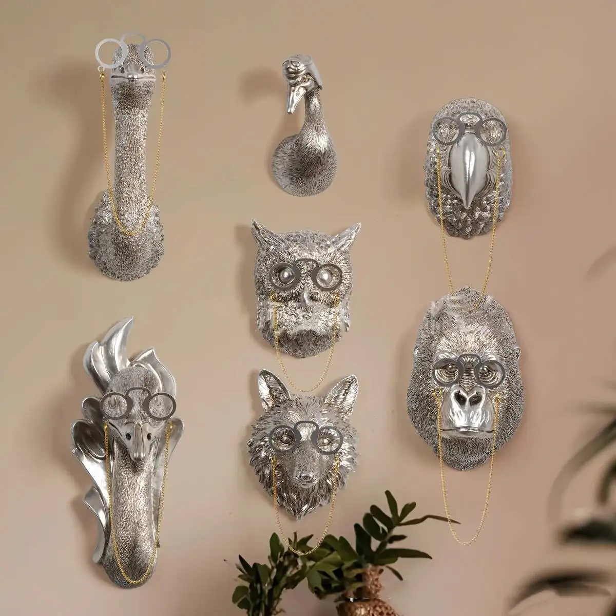 Golden Animal Head Wall Hanging Resin Handicraft Eyeglass Owl Parrot Pendant Cartoon Ostrich Background Wall Decoration