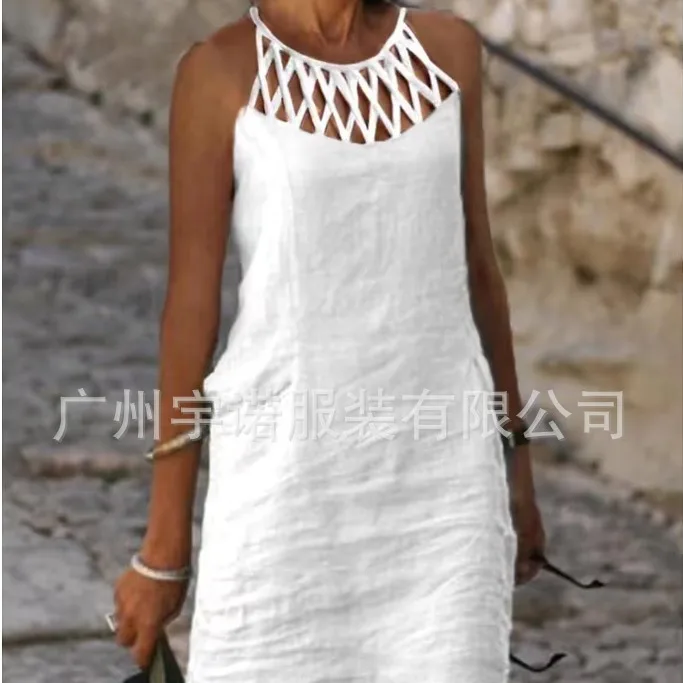2023 Women's Solid Color Cotton Linen Casual Tank Dress Fashionable Ladies Sleeveless Vest Style Dress
