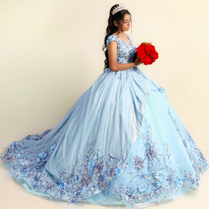 

Небесно-голубое блестящее бальное платье Quinceanera Платья с открытыми плечами и блестками Аппликация Цветок Бисероплетение Тюлевое платье для вечеринки на день рождения Sweet 16, платье