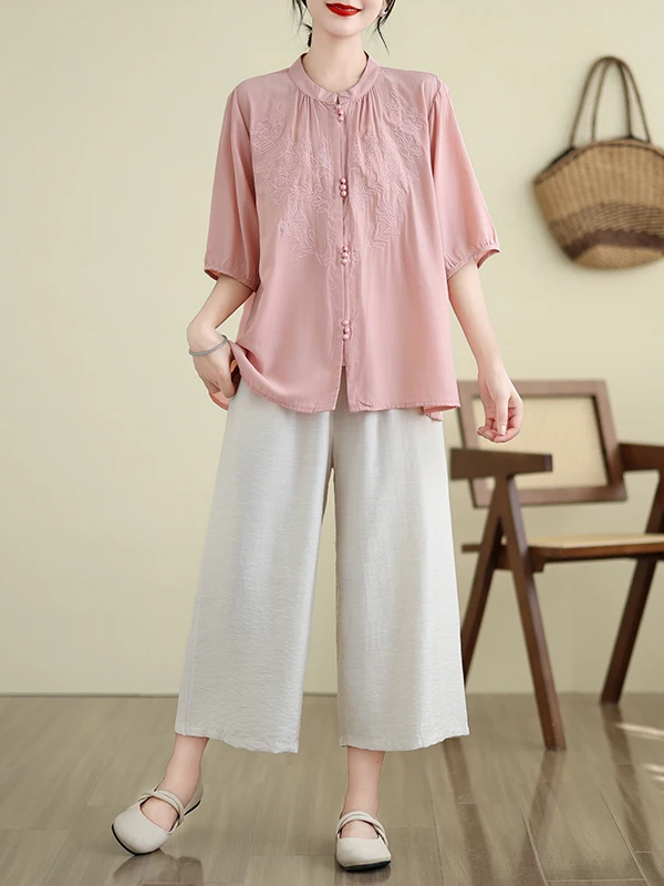 Large Size Women's Cotton Linen Suit Summer 2025 New Mid-Age Mom's Faionable Two-Piece Set Seven-Quarter Sve Stand Collar