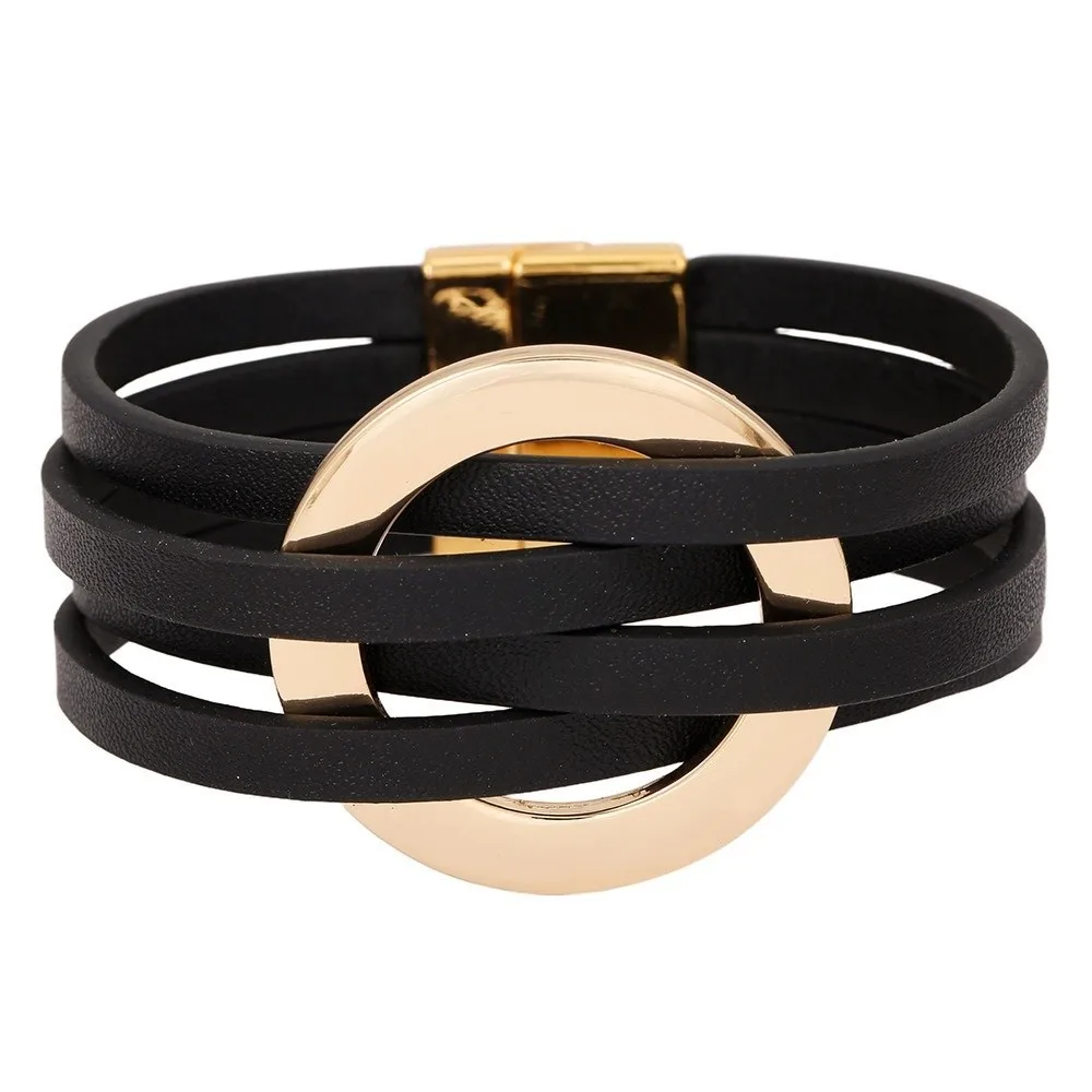 Bohemian Style Leather Bracelets Adjustable Wrap Closure Leather Surface Wide Wrap Bracelet Hollow Circle Bracelet For Women