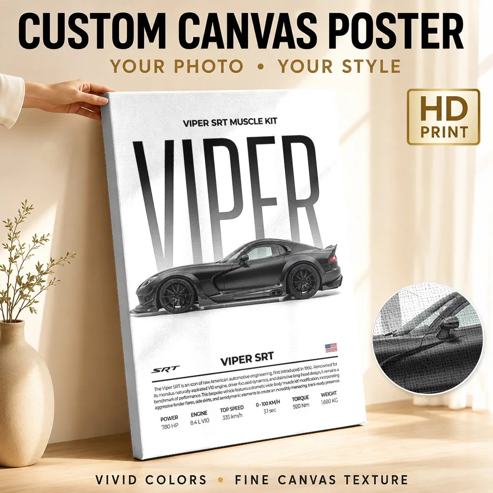 Side View American Viper SRT Black Car Canvas Painting Poster Customized Photo Gallery Style Wall Art Garage Decor Driver Gift