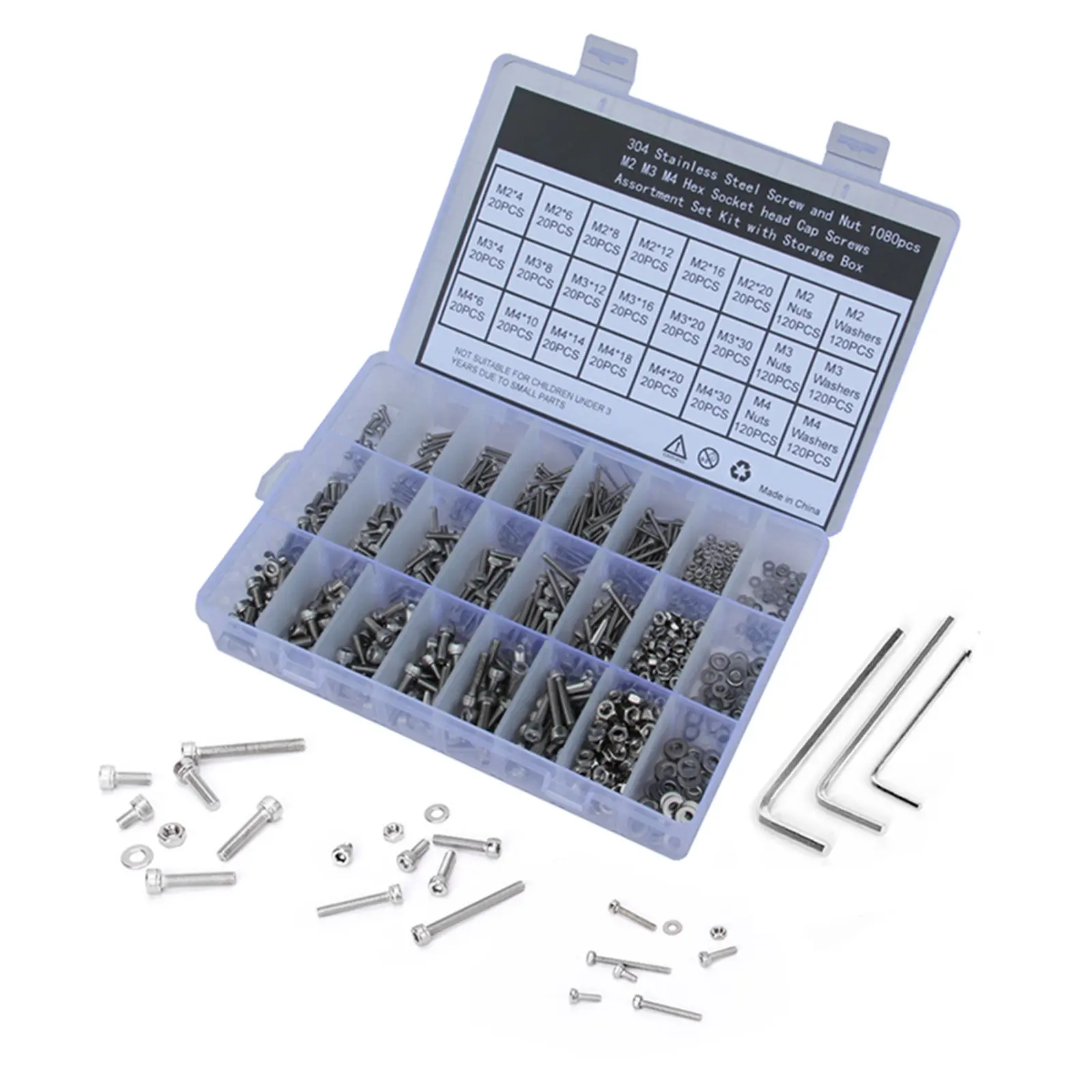 1080Pcs 304 Stainless Steel Socket Screw Nut Washer Kit Storage Box Precision Electronic Household Appliance Tool Repair Kit