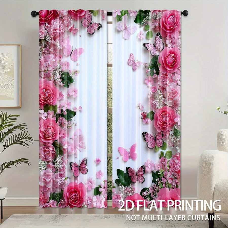 2PCS Digital Printed Curtains, Pink Dream Flower Cascade Pattern, Stylish Window Treatment for Living Room Bedroom Decor