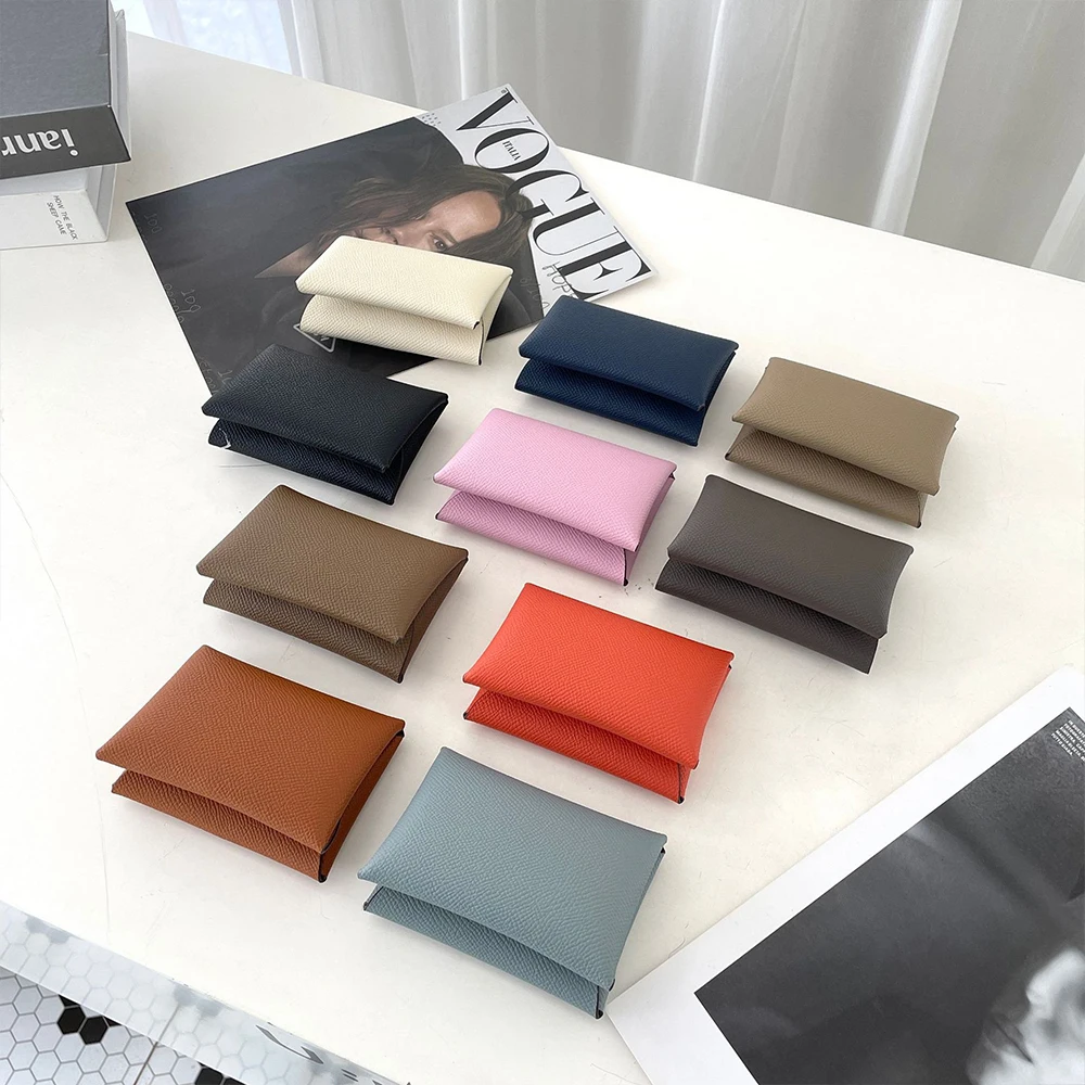 Customized name card holder for ladies, genuine leather, double-fold card holder with palmprint snap fastener, card case, wallet